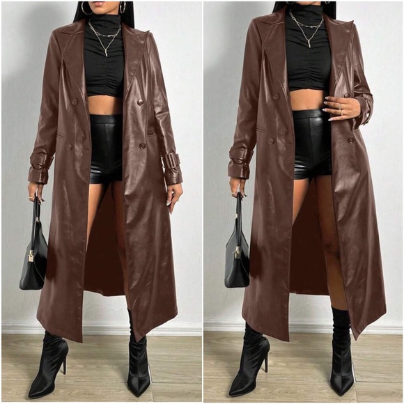 Luxe Vegan Leather Button up Trench Coat - Picture 4 of 6
